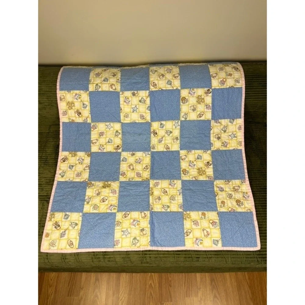 Handmade Patchwork Baby Quilt Birdhouse Garden Blue Pink 35x40 Nursery Blanket